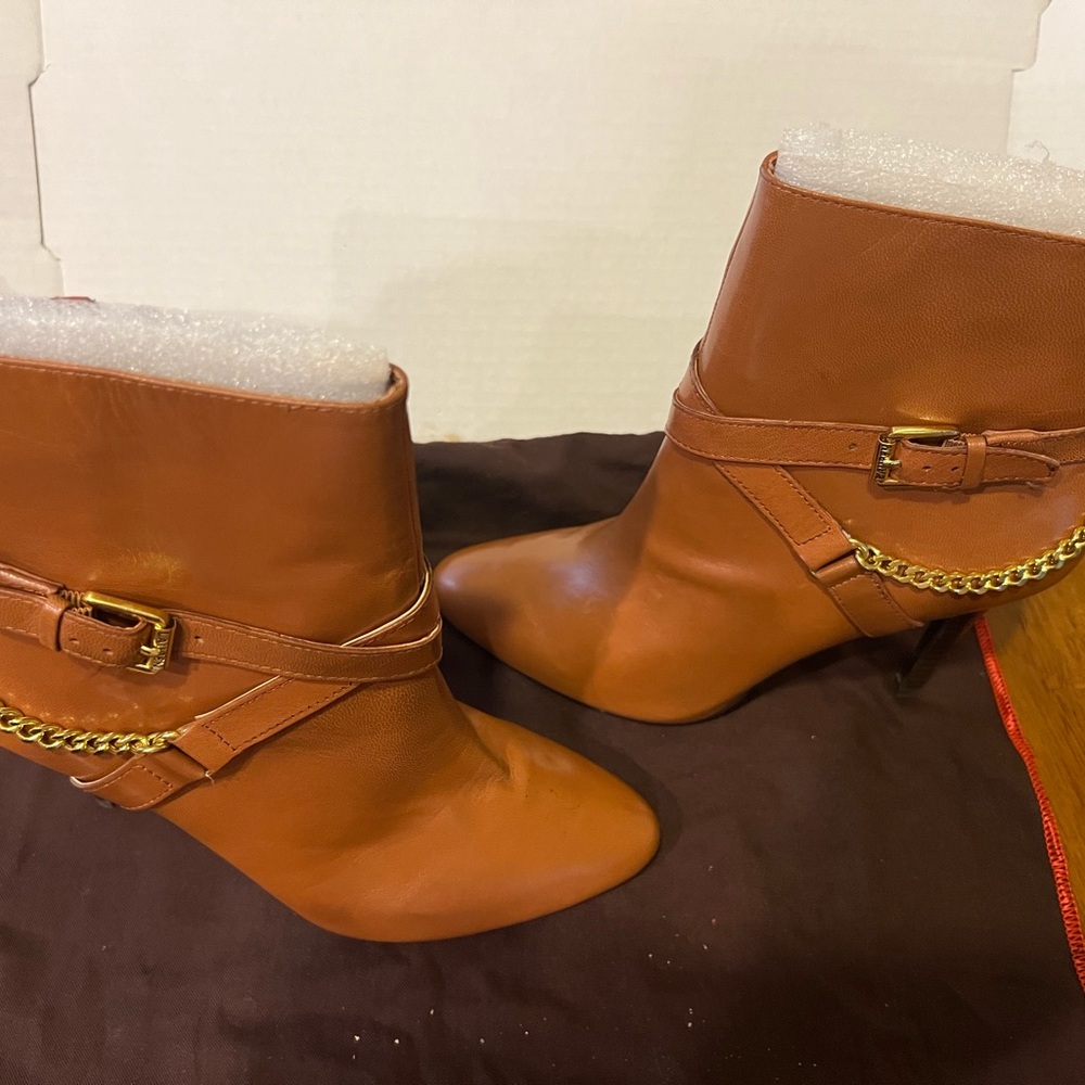 Ralph Lauren Brown Leather Lavina Ankle Boots with Gold Chain & Buckle